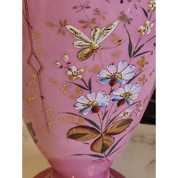 Lg Antique Harrach Bohemian Czech Pink Opaline Overlay Vase Flowers & Bees 14” - Picture 14 of 16